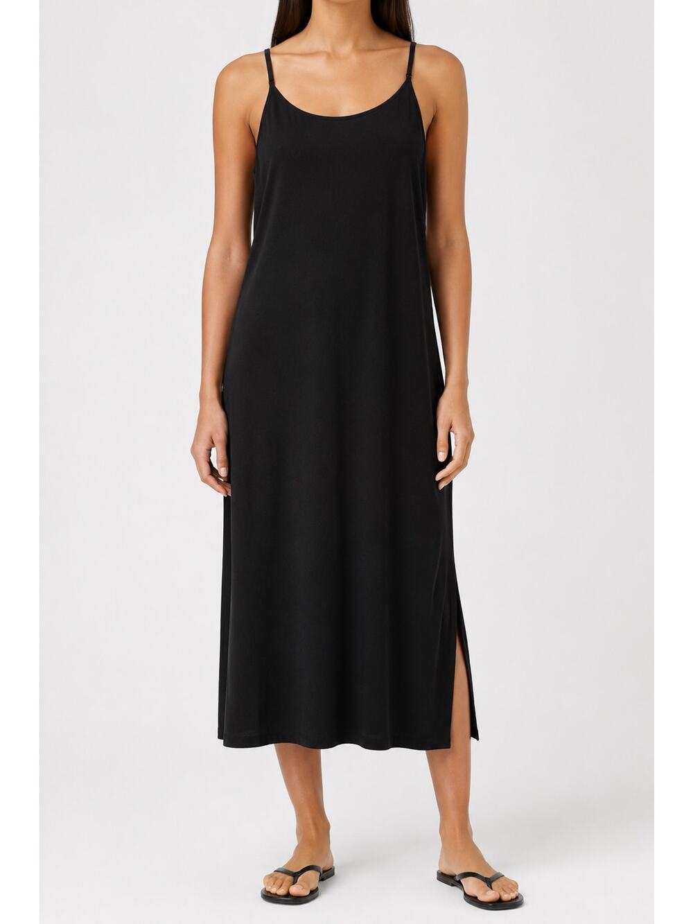 Eileen Fisher Small Petite Black Slip Dress Side Slit Tencel Lyocell Midi $228